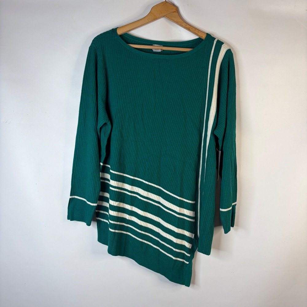 Chico's Tunic Sweater Women 3 XL Bright Jade Asymmetric Stripe Ribbed Knit